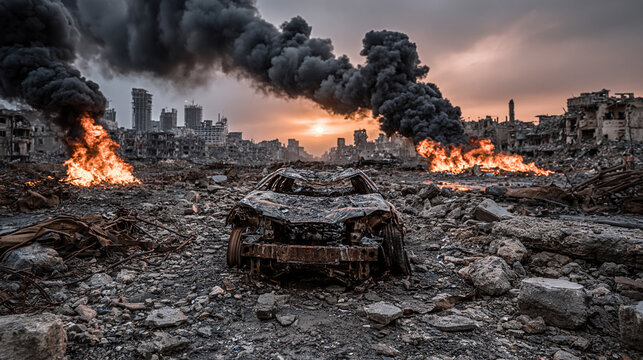 War-Torn Cityscape: A desolate and destroyed urban environment, with a burned-out car at its center, flames licking the sky, and plumes of black smoke rising against a dramatic sunset.