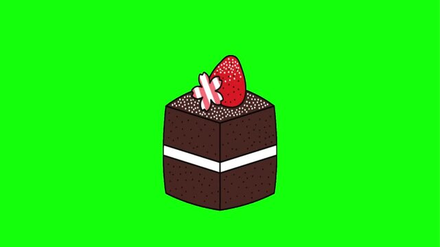 Delicious chocolate cake slices with fresh strawberries animated on a green screen background.
