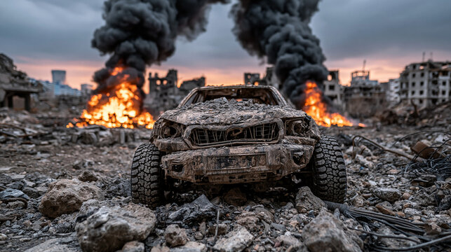 War-torn Landscape: A desolate scene of urban destruction with a damaged vehicle at the forefront, engulfed in smoke and flames amidst rubble and ruined buildings, depicting the aftermath of conflict.