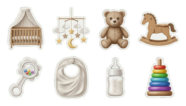 Set of baby essentials and toys including crib mobile teddy bear rocking horse rattle bib bottle and stacking rings for nursery decor and infant care concepts