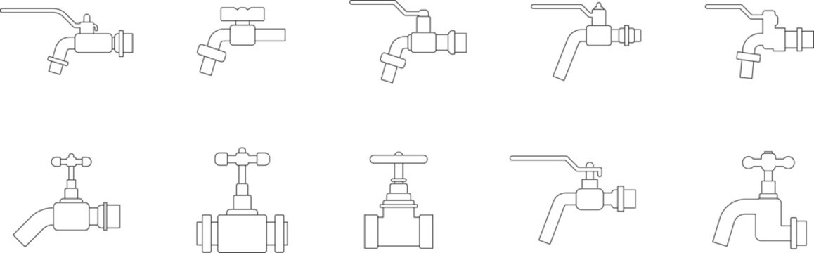 Water faucet types collection. Water Faucet Icon Set. Tap, Plumbing, Leak, Drip, Sink, Pipe. Vector illustration