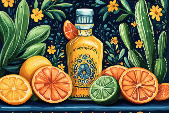 Cinco de Mayo postcard with a bottle of tequila and citrus fruits. A vibrant Cinco de Mayo postcard featuring a bottle of tequila surrounded by oranges, limes, and cacti, perfect for celebrations.