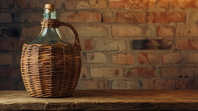 Glass demijohn in wicker wrap, rustic interior concept.