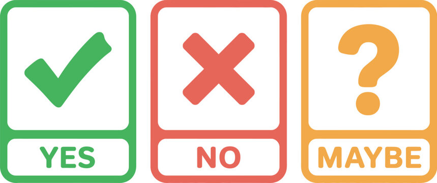 Yes No Maybe Symbols Featuring Check Mark, Cross and Question Mark Decision Labels Vector