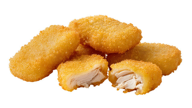 Golden crispy chicken nuggets, one cut open showing white meat