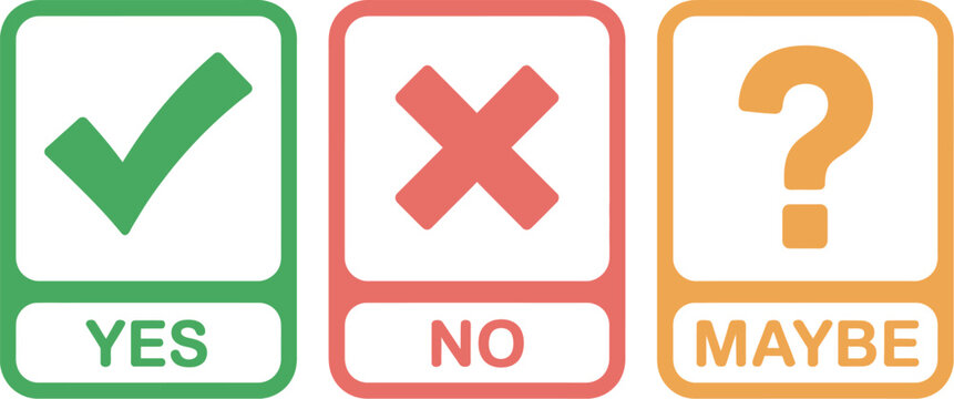 Yes No Maybe Icon Sign with Green Check Mark, Red Cross and Yellow Question Mark Labels Vector