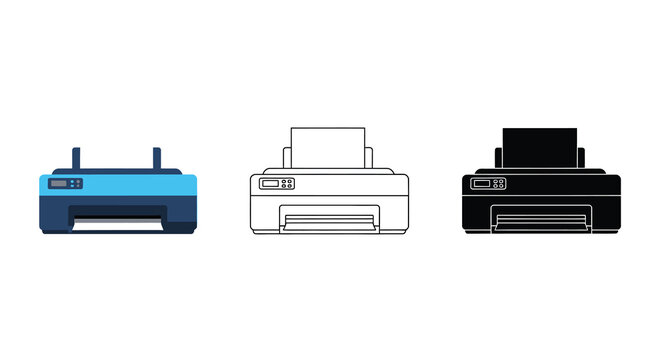 Inkjet printer set color outline and silhouette illustrations for technology graphics