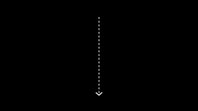 down arrow direction icon with dotted line animation on Black background. dot arrows icon sign animated with alpha channel. white straight arrows animation