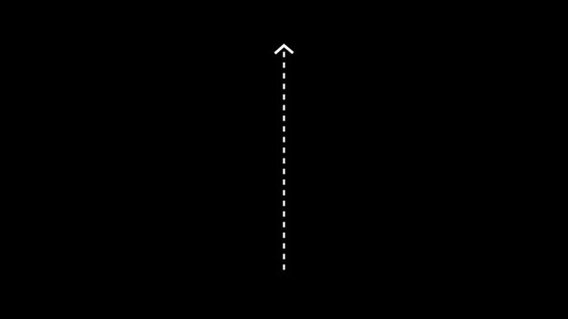 Up arrow direction icon with dotted line animation on black background. dot arrows icon sign animated with alpha channel. white straight arrows animation.