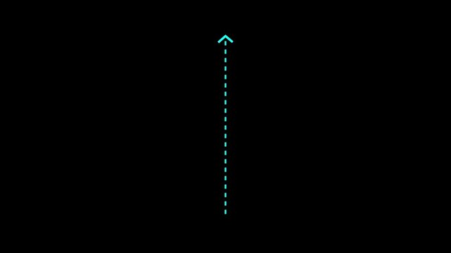 Up arrow direction icon with dotted line animation on black background. dot arrows icon sign animated with alpha channel. cyan straight arrows animation.