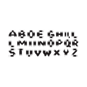 Pixelated alphabet letters black silhouette on white background