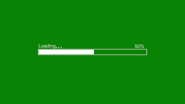 White loading bar progress animation with glowing round corners , loading bar 0-100 on green background.