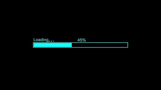 Black loading bar progress animation with glowing round corners , loading bar 0-100 on black background.