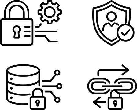 Cybersecurity vector illustration with padlock gear, shield identity, secure database, blockchain connection, privacy protection, digital security concept