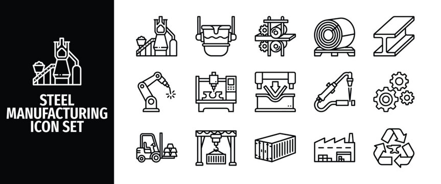 Steel manufacturing icon set, industrial production and metal processing vector collection