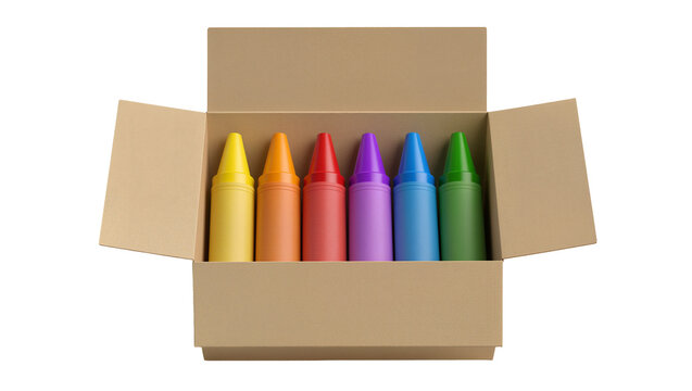 Six colorful crayons in open cardboard box