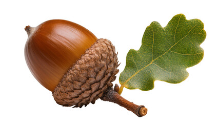 Brown acorn with textured cap and green oak leaf © Nuria