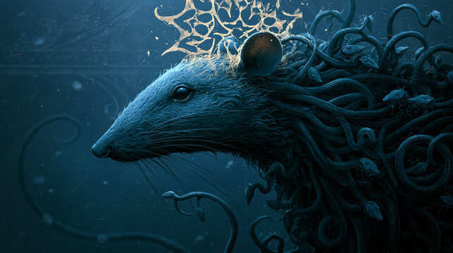 Fantasy inspired illustration style rat king with tangled tails and dark atmospheric background, surreal concept art aesthetic
