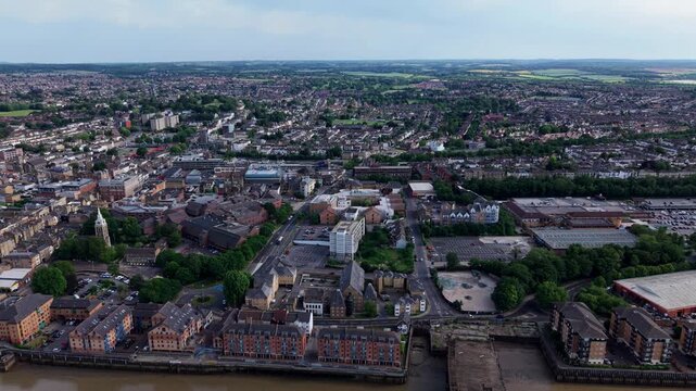 Aerial view of Gravesend town center looking across the banks of the River Thames, UK
