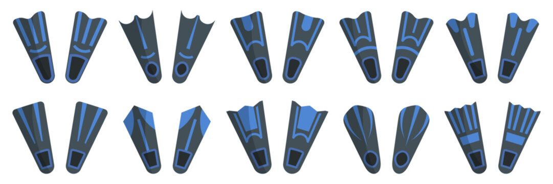 Diving fin collection in blue sport style. Various swim and scuba fins for underwater exploration and training