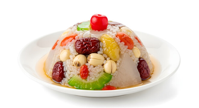 Close up of sticky rice with colorful variety of dried fruits and nuts (ba bao fan) from China on white plate on matching clean white background