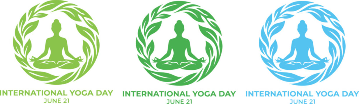 Set of Three Colorful International Yoga Day Logos with Woman in Lotus Pose and Leaf Wreath