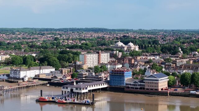 Aerial view of Gravesend town center looking across the banks of the River Thames, UK