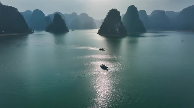 Scenic Tuyen Lam Lake aerial view with boats and mountains