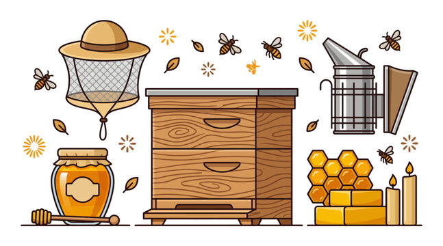 Beekeeping icons set with wooden hive smoker honey jar and bees in flat vector art.