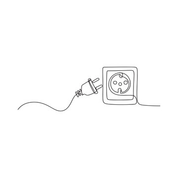 Electrical plug and socket continuous line drawing on white background