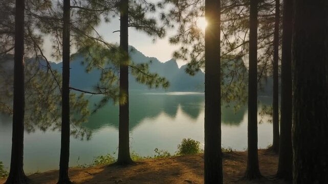 Golden sunrise over Tuyen Lam Lake aerial perspective through pines