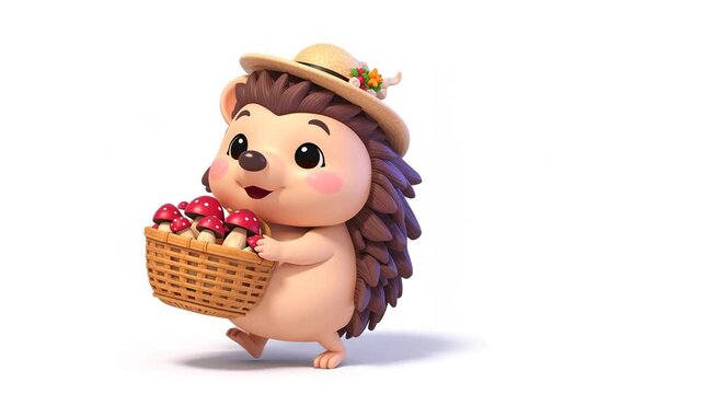 Happy cartoon hedgehog with mushroom isolated on white background 3D design, animation