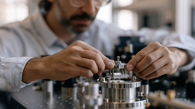 Close up of hands manipulating a neutral atom qubit array loading mechanism inside a magneto-optical trap apparatus, vacuum chamber windows reflecting the glow of cooling laser
