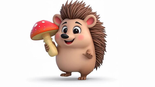 Happy cartoon hedgehog with mushroom isolated on white background 3D design, animation
