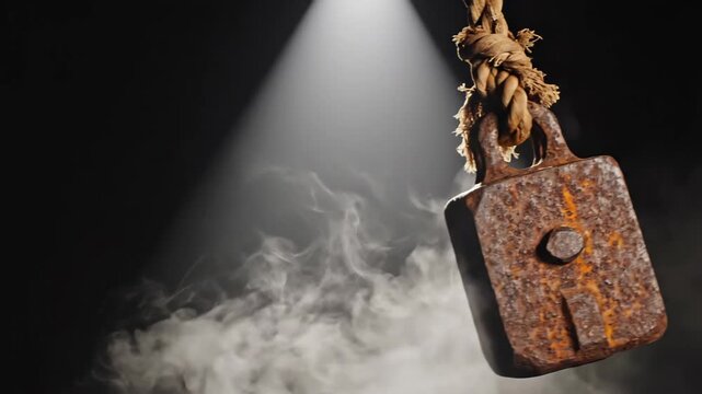 Rusty metal lock hanging from a rope in dark surroundings. Old padlock suspended in air with rolling smoke. Concept of security vulnerability and security breach