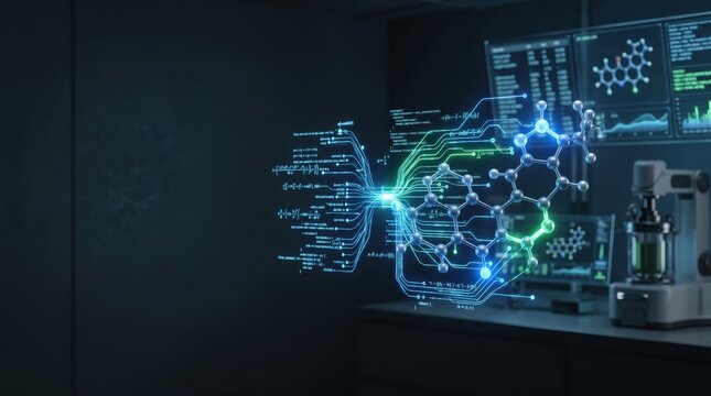 Futuristic laboratory with molecular structure and coding interface on computer screens
