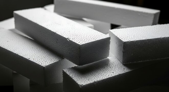 Close-up of a pile of white styrofoam blocks with textured surfaces pieces