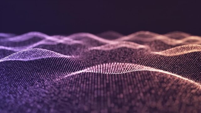 Abstract digital wave particles flowing in dark space with purple and gold gradient light