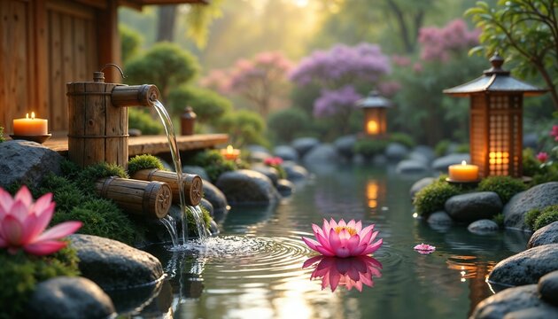 This image shows a tranquil Japanese garden with a shishi-odoshi fountain