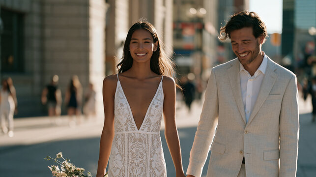 Elopement couple holding hands and walking away from a simple municipal office building in everyday clothing, small floral arrangement in her hand, smiling at each other without