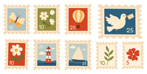 Postage stamps collection, featuring a lighthouse, sailboat, flowers, carrier pigeon, and butterfly in pastel colors for vintage snail mail envelopes, scrapbooking layouts, and greeting card prints © Jennie