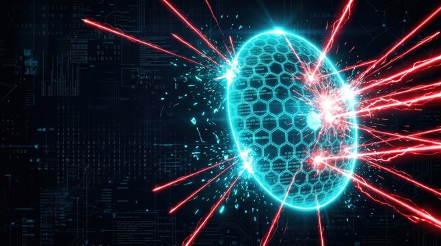 Glowing blue sphere with red energy lines explodes in digital circuit background