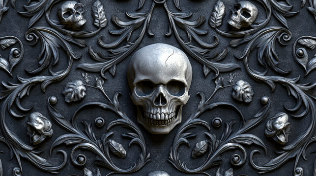 Whimsigothic skull pattern with ornate details. A detailed gothic pattern featuring skulls, floral elements, and intricate designs on a dark background, perfect for decorative use.