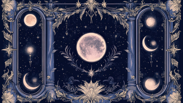 Whimsigothic celestial pattern with moons, stars, and ornate architectural elements. A detailed whimsigothic pattern features celestial elements, including moons and stars