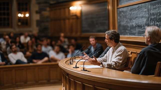 Quantum consciousness debate panel discussion underway in a candlelit evening lecture hall, neuroscientists and quantum theorists seated at a curved academic forum table with