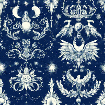 Whimsigothic Pattern with Intricate Elements. A detailed whimsigothic pattern features intricate spiderwebs, bats, and roses with gold accents set against a deep background.