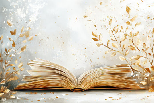 World Book Day Postcard with Golden Leaves and Open Book. An open book with golden leaves and a soft, watercolor background, perfect for World Book Day celebrations.