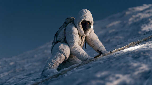 Fixed rope Himalayan climber clipping a jumar ascender onto a frayed static line on a forty-five degree ice slope at seven thousand meters, face mask on, down suit caked in