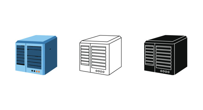 Server rack set color outline and silhouette illustrations for data infrastructure concepts