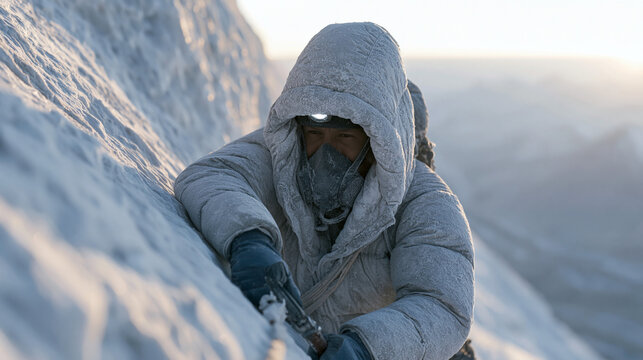 Fixed rope Himalayan climber clipping a jumar ascender onto a frayed static line on a forty-five degree ice slope at seven thousand meters, face mask on, down suit caked in